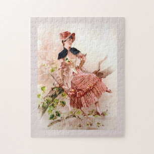 Lovely Vintage Lady In Pink Dress Jigsaw Puzzle