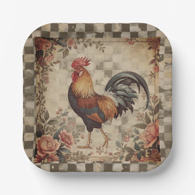 Lovely Vintage Rooster and Flowers Pattern Paper Plate (Front)