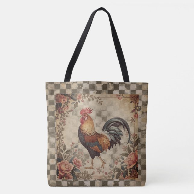Lovely Vintage Rooster and Flowers Pattern Tote Bag (Front)