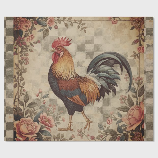 Lovely Vintage Rooster and Flowers Pattern  Wrapping Paper (Flat)