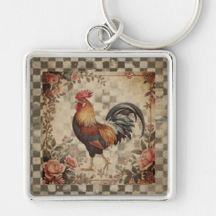 Lovely Vintage Rooster ,Flowers Pattern, Checke Key Ring