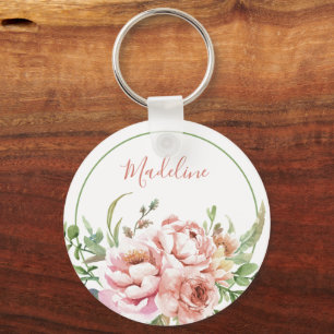 Lovely Watercolor Floral Custom Name Key Ring