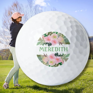 Lovely Watercolor Pink Flowers Personalised Name Golf Balls