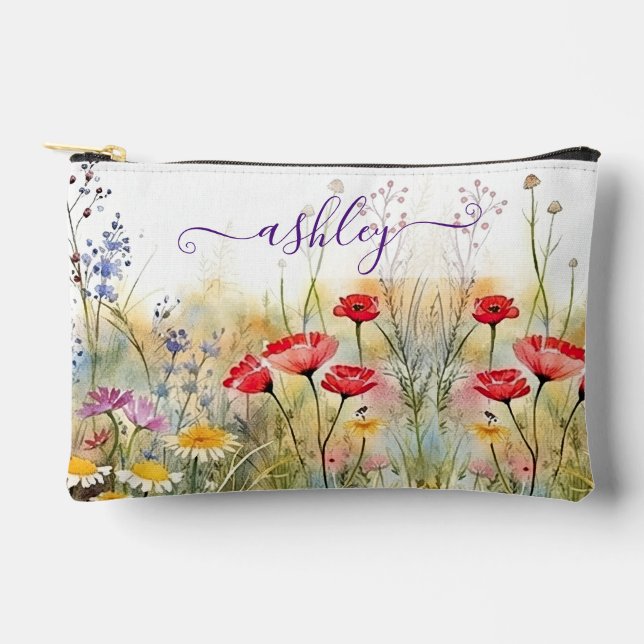 Lovely Watercolor Wildflowers Garden Name Accessory Pouch (Front)