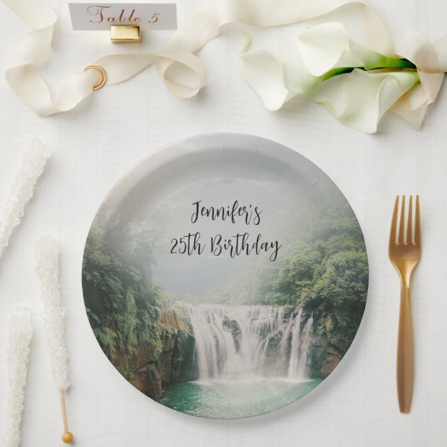Lovely Waterfall in a Mountain Forest Birthday Paper Plate (Wedding)