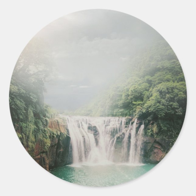 Lovely Waterfall in a Mountain Forest Classic Round Sticker (Front)