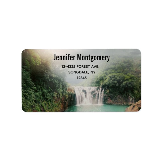Lovely Waterfall in a Mountain Forest Label (Front)