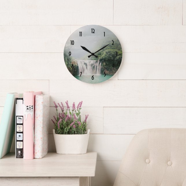 Lovely Waterfall in a Mountain Forest Large Clock (Reading Room)