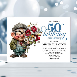 Lovely Whimsical Man 50th Birthday Humor Cartoon Invitation