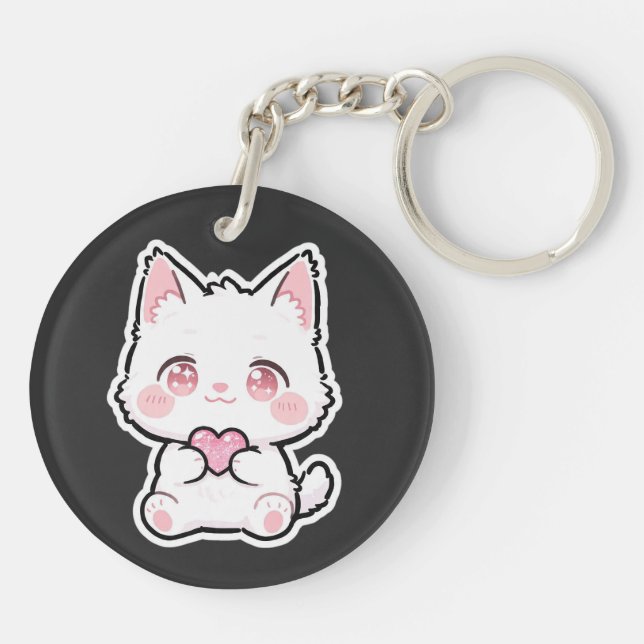 Lovely White Cat Key Ring (Back)