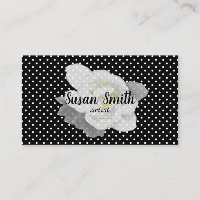 Lovely White Gardenia Flower Black White Polka Dot Business Card (Front)