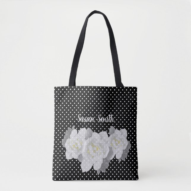 Lovely White Gardenia Flower Black White Polka Dot Tote Bag (Front)