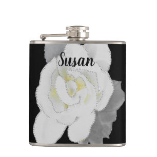 Lovely White Gardenia Flower on Black Hip Flask