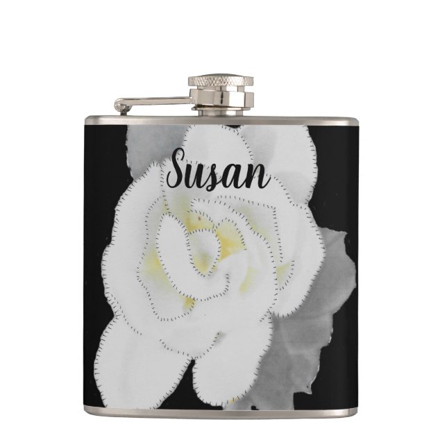 Lovely White Gardenia Flower on Black Hip Flask (Front)