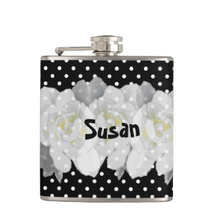 Lovely White Gardenia Flowers on Black and White Hip Flask