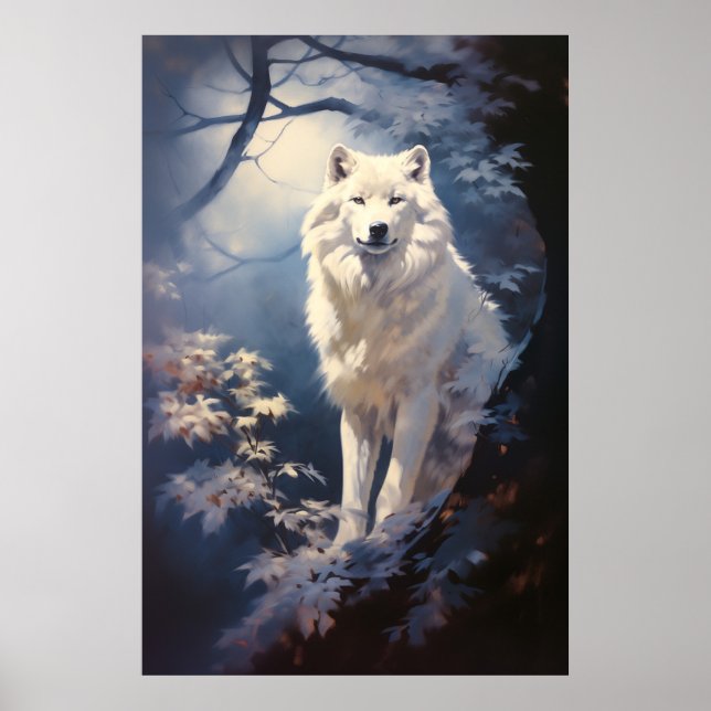 Lovely White Wolf Beneath the Moon Poster (Front)