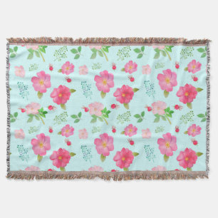 Lovely Wild Roses and Rose Hips Watercolor Pattern Throw Blanket