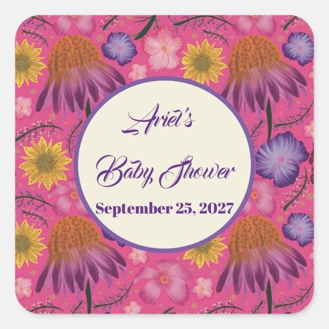 Lovely Wildflower Pink Baby Shower Favours Square Sticker (Front)