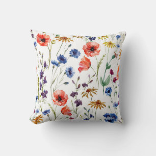 Lovely wildflowers, watercolor, poppy, cornflower, cushion
