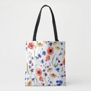 Lovely wildflowers, watercolor, poppy, cornflower, tote bag