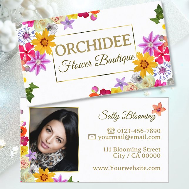 Lovely Wildflowers White Fine Gold Frame and Photo Business Card (Creator Uploaded)