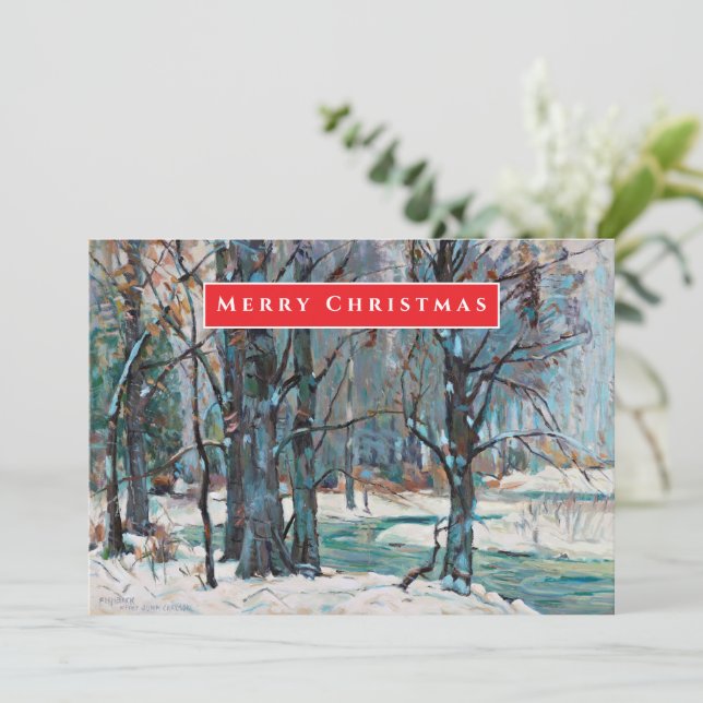 Lovely Winter Snow Scene in Blues Greys Christmas Holiday Card (Standing Front)