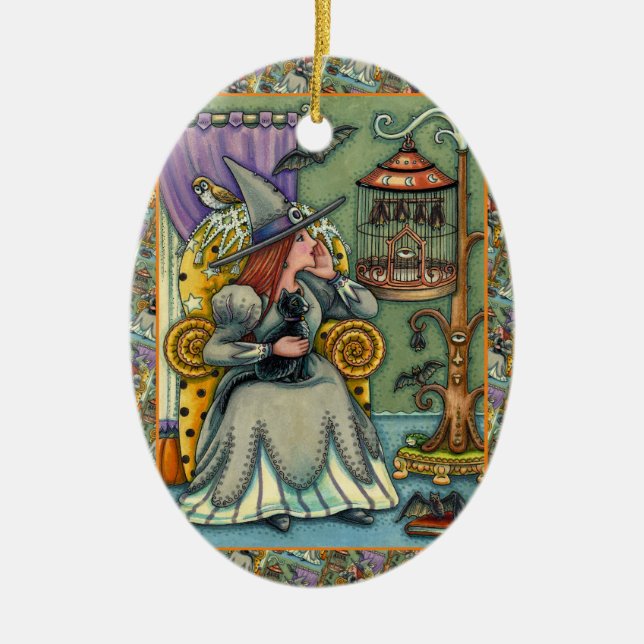 LOVELY WITCH, CAT & HER PETS, BAT CAGE, HALLOWEEN CERAMIC ORNAMENT (Front)