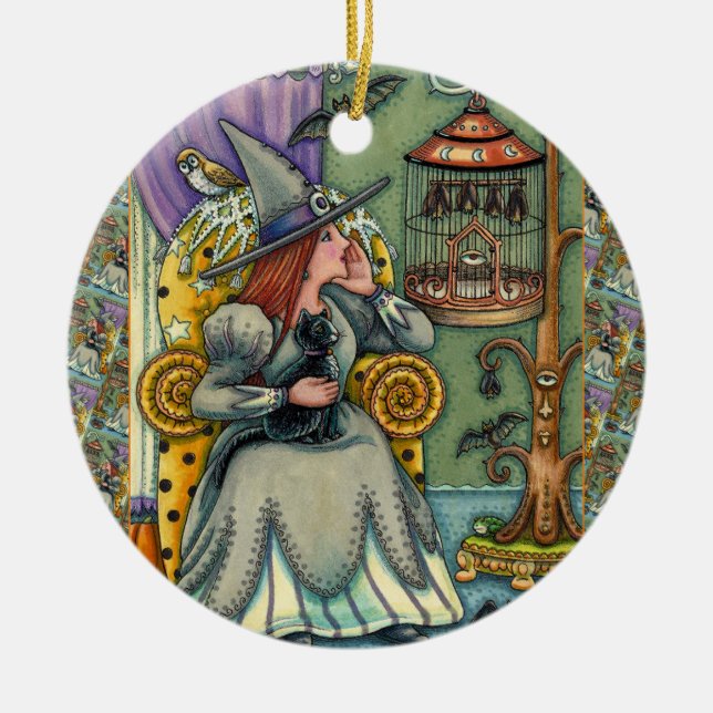 LOVELY WITCH, CAT & HER PETS, BAT CAGE, HALLOWEEN CERAMIC ORNAMENT (Front)