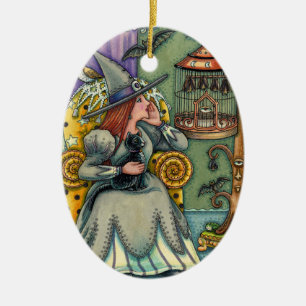 LOVELY WITCH, CAT & HER PETS, BAT CAGE, HALLOWEEN CERAMIC ORNAMENT