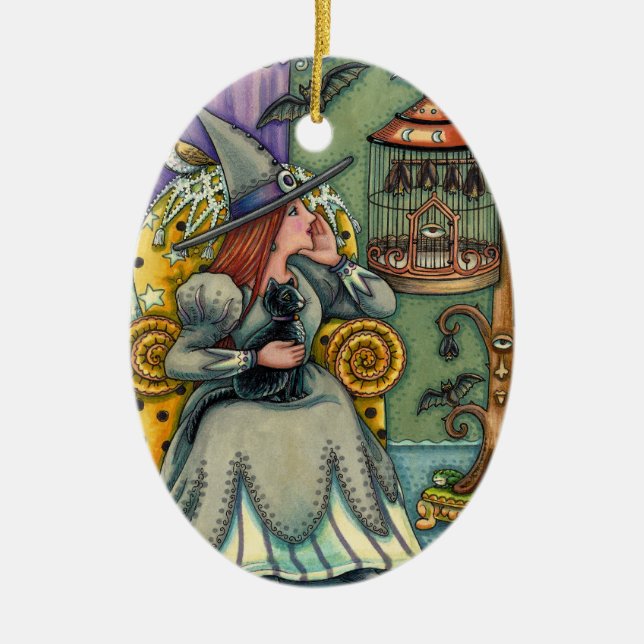 LOVELY WITCH, CAT & HER PETS, BAT CAGE, HALLOWEEN CERAMIC ORNAMENT (Front)