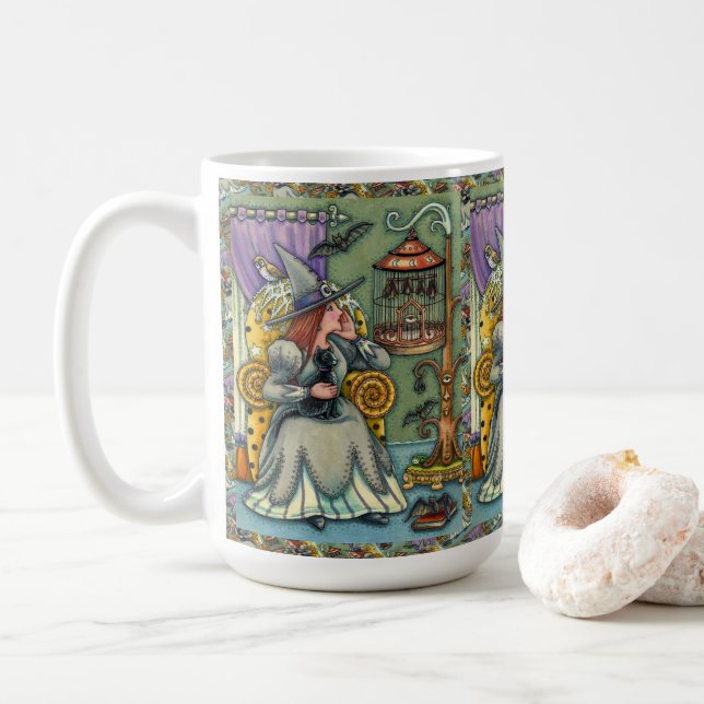 LOVELY WITCH, CAT & HER PETS, BAT CAGE, HALLOWEEN COFFEE MUG (With Donut)