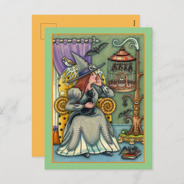 LOVELY WITCH, CAT & HER PETS, BAT CAGE, HALLOWEEN HOLIDAY POSTCARD (Front/Back)