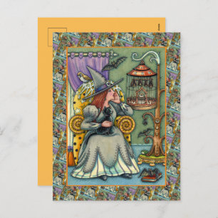 LOVELY WITCH, CAT & HER PETS, BAT CAGE, HALLOWEEN HOLIDAY POSTCARD