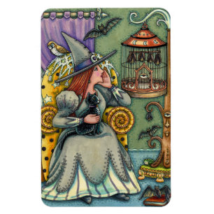 LOVELY WITCH, CAT & HER PETS, BAT CAGE, HALLOWEEN MAGNET
