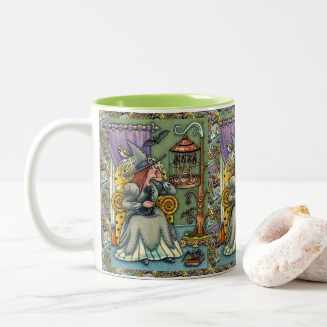 LOVELY WITCH, CAT & HER PETS, BAT CAGE, HALLOWEEN Two-Tone COFFEE MUG (With Donut)