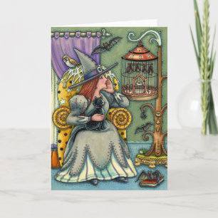 LOVELY WITCH, CAT, PETS, BAT CAGE, HALLOWEEN Verse Holiday Card