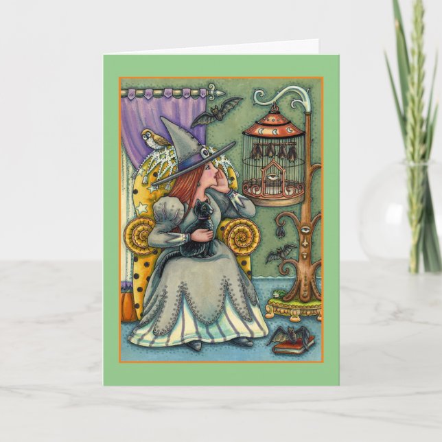 LOVELY WITCH, CAT, PETS, BAT CAGE, HALLOWEEN Verse Holiday Card (Front)