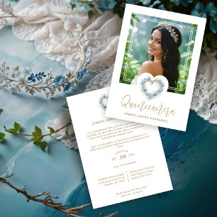Lovely XVs Floral Blue & Gold Heart Shape Wreath  Invitation