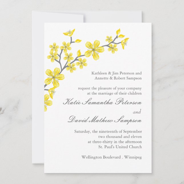 Lovely Yellow and Grey Blossoms Wedding Invitation (Front)