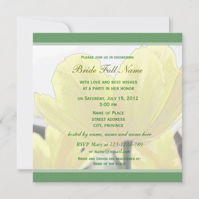 Lovely yellow tulip flowers green bridal shower invitation (Front)