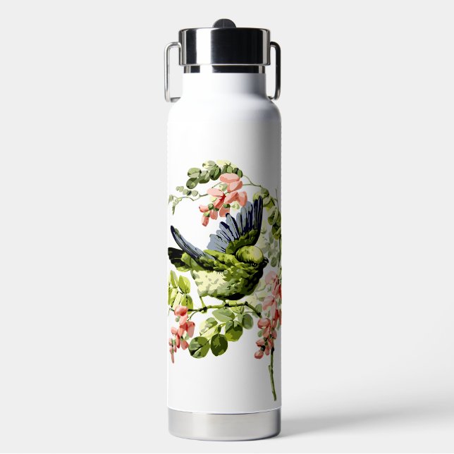 Lovely Young Parrot in Flowering Tree Water Bottle (Front)