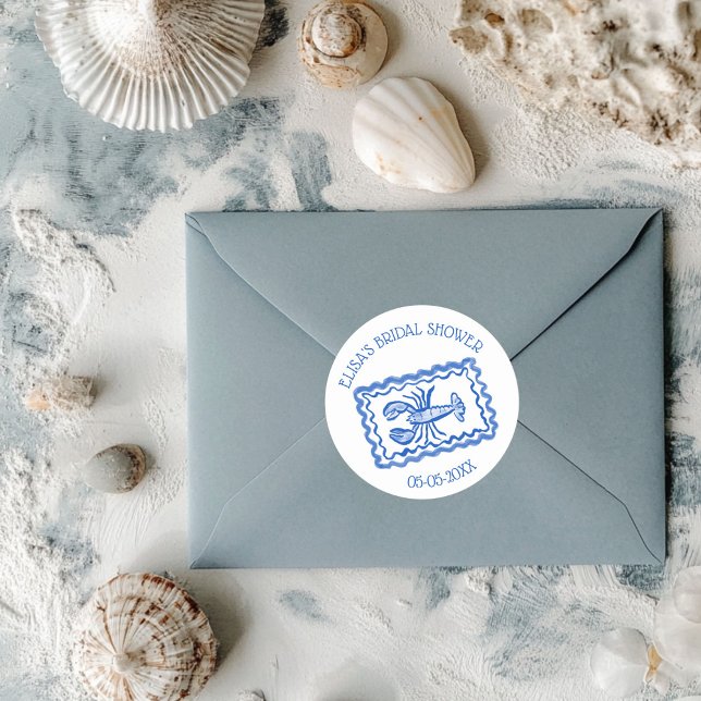 LoveNotes from Sea Lobster CUSTOM Bridal Shower Classic Round Sticker (LoveNotes from Sea Cute Hand Drawn Lobster CUSTOM Bridal Shower Classic Round Sticker
)