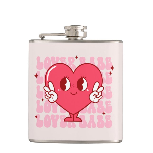 Lover Babe | Cute Smiling Heart & Repeating Text Hip Flask (Front)