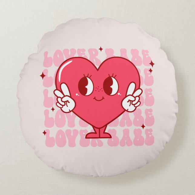 Lover Babe | Cute Smiling Heart & Repeating Text Round Cushion (Front)