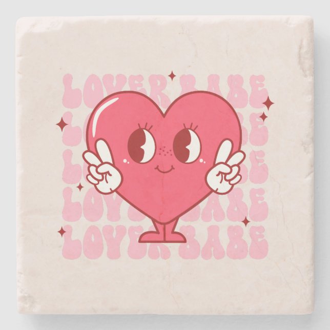 Lover Babe | Cute Smiling Heart & Repeating Text Stone Coaster (Front)