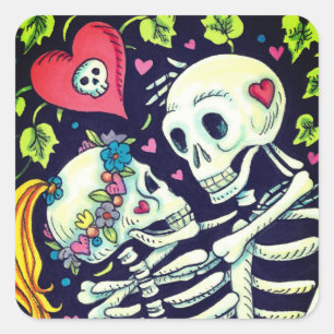 LOVERS AMONG THE IVY, SWEETHEART SKELETONS EMBRACE SQUARE STICKER