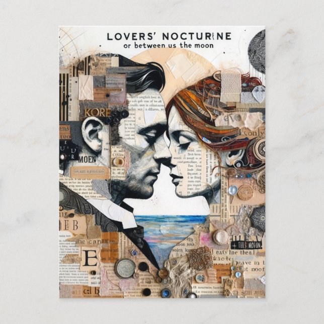 Lovers Between Us and the Moon Mixed Media Collage Postcard (Front)