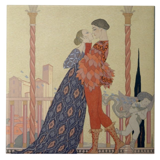 Lovers on a Balcony (w/c on paper) Ceramic Tile (Front)