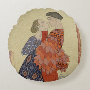 Lovers on a Balcony (w/c on paper) Round Cushion