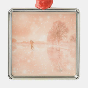 Lovers on a frozen pond metal ornament